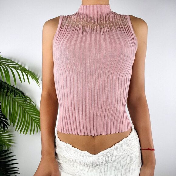Vintage Mauve Coquette Cottagecore Mock Neck Ribbed Sleeveless Knit Top / S - Picture 1 of 5
